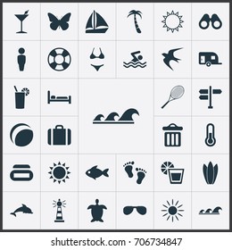 Vector Illustration Set Of Simple Seaside Icons. Elements Tortoise, Swallow, Mark And Other Synonyms Freedom, Swallow And Suitcase.