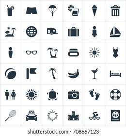 Vector Illustration Set Of Simple Seaside Icons. Elements Cocktail, Island, Cone Synonyms Underwear, Fruit And Lady.