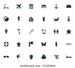 Vector Illustration Set Of Simple Seaside Icons. Elements Airplane, Cycle, Beach Games And Other Synonyms Monarch, Gentleman And Rocket.