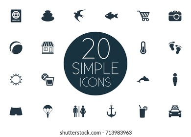 Vector Illustration Set Of Simple Seaside Icons. Elements Barefoot, Taxi, Beach Games And Other Synonyms Barefoot, Gentleman And Stone.
