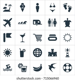 Vector Illustration Set Of Simple Seaside Icons. Elements Summer Fun, Lemonade, Toitlet And Other Synonyms Bar, Fruit And Gentleman.