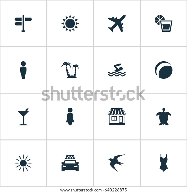 Vector Illustration Set Of Simple Seaside Icons.\
Elements Beach Games, Sun, Beverage And Other Synonyms Party, Sun\
And Madame.