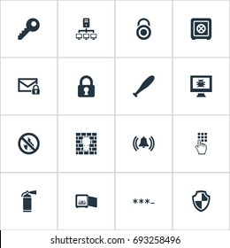 Vector Illustration Set Of Simple Secure Icons. Elements Extinguisher, Virus, Stick And Other Synonyms Code, Convict And Dartboard.
