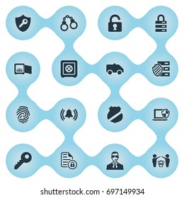 Vector Illustration Set Of Simple Secure Icons. Elements Camion, Siren, Protected Document And Other Synonyms Shackle, Secret And Alarm.