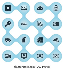 Vector Illustration Set Of Simple Secure Icons. Elements Extinguisher, Strongbox, Key And Other Synonyms Teller, Secure And Storage.