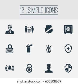 Vector Illustration Set Of Simple Security Icons. Elements Dartboard, Locked, Policeman And Other Synonyms Man, Extinguisher And Protection.