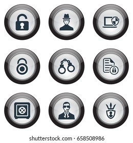 Vector Illustration Set Of Simple Security Icons. Elements Confidence, Protector, Safeguard And Other Synonyms Agent, Dartboard And Bodyguard.