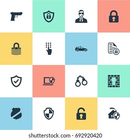 Vector Illustration Set Of Simple Security Icons. Elements Protected Document, Cop Automobile, Padlock And Other Synonyms Safe, Code And Penitentiary.