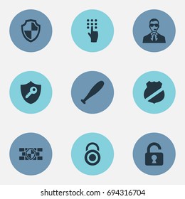 Vector Illustration Set Of Simple Security Icons. Elements Under Protection, Shield, Padlock And Other Synonyms Stick, Agent And Padlock.