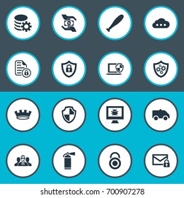 Vector Illustration Set Of Simple Security Icons. Elements Dartboard, Shield, Virus And Other Synonyms Agent, Gear And Camion.