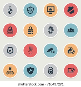 Vector Illustration Set Of Simple Security Icons. Elements Surveillance, Under Protection, Entering Password And Other Synonyms Badge, Team And Safety.