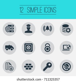 Vector Illustration Set Of Simple Security Icons. Elements Siren, Camion, Policeman And Other Synonyms Hacking, Wall And Dartboard.