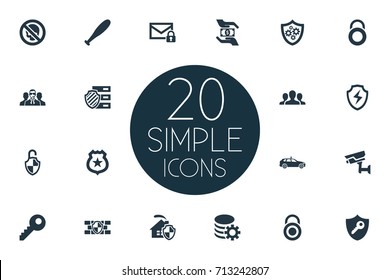 Vector Illustration Set Of Simple Security Icons. Elements Key, Gear, Stick And Other Synonyms Secure, Protection And Man.