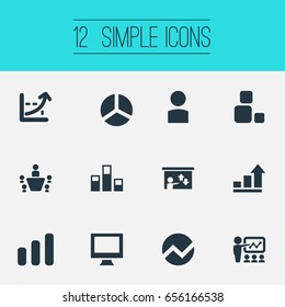 Vector Illustration Set Of Simple Seminar Icons. Elements Analytics, Segment, Construction And Other Synonyms Pie, Coach And Seminar.