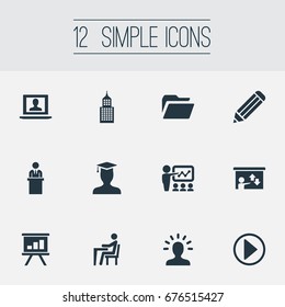 Vector Illustration Set Of Simple Seminar Icons. Elements Profile, Imagination, Display And Other Synonyms Pencil, Building And Think.