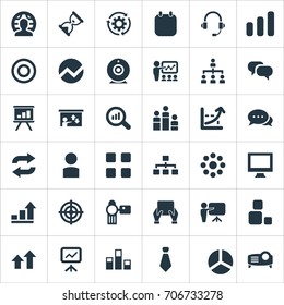Vector Illustration Set Of Simple Seminar Icons. Elements Hierarchy, Group, Repeat And Other Synonyms Waiting, Goal And Communication.