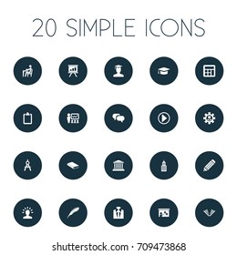 Vector Illustration Set Of Simple Seminar Icons. Elements Academy, List, Literature And Other Synonyms Library, Screen And Math.