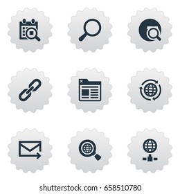 Vector Illustration Set Of Simple SEO Icons. Elements Clipboard, Browser, Earth Planet And Other Synonyms Planet, Search And Reroute.