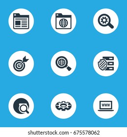 Vector Illustration Set Of Simple SEO Icons. Elements Browser, Clipboard, World Wide Web And Other Synonyms Protected, Globe And Seek.