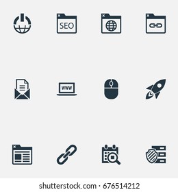 Vector Illustration Set Of Simple SEO Icons. Elements Letter, World Wide Web, Optimization And Other Synonyms Space, Mouse And Date.