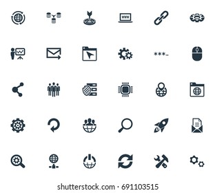 Vector Illustration Set Of Simple SEO Icons. Elements Group, Missile, World Wide Web And Other Synonyms Envelope, Missile And Unit.