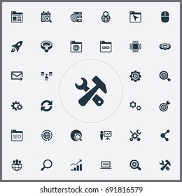 Vector Illustration Set Of Simple SEO Icons. Elements Staff, Gear, Statistics And Other Synonyms Loupe, Network And File.