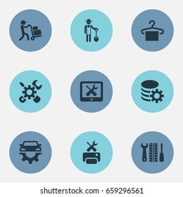 Vector Illustration Set Of Simple Service Icons. Elements Car Workshop, Hanger, Engineering And Other Synonyms Farmer, Service And Workshop. Vector Illustration Set Of Simple Service Icons. Elements Car Workshop, Hanger, Engineering And Other Synonyms Farmer, Service And Workshop.
