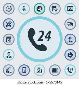 Vector Illustration Set Of Simple Service Icons. Elements Truck, Engineer, Telephone Setting And Other Synonyms Uniform, Carrying And Helmet.