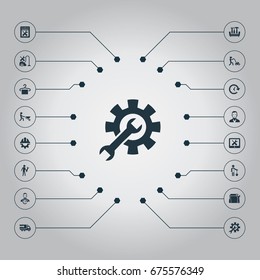 Vector Illustration Set Of Simple Service Icons. Elements Tools, Builder, Hanger And Other Synonyms Truck, Hardhat And Cycle.