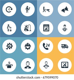 Vector Illustration Set Of Simple Service Icons. Elements Mechanic, Vehicle Mend, On Duty And Other Synonyms Builder, Duty And Employee.