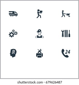 Vector Illustration Set Of Simple Service Icons. Elements Industry, Technician, Wheel Service And Other Synonyms Engine, Engineering And Printer.