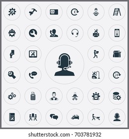 Vector Illustration Set Of Simple Service Icons. Elements Chatting, Smartphone, Automobile Salon And Other Synonyms Tool, Renewal And Serving.