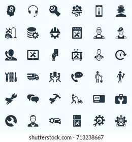 Vector Illustration Set Of Simple Service Icons. Elements Car, Farmer With Shovel, Specialist And Other Synonyms Laborer, Gear And Smartphone.