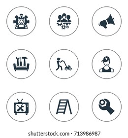 Vector Illustration Set Of Simple Service Icons. Elements Technician, Solution Centre, Stairway And Other Synonyms Team, Stepladder And Laborer.