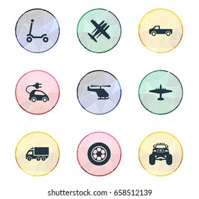 Vector Illustration Set Of Simple Shipment Icons. Elements Chopper, Military Fighter, Aero And Other Synonyms Bomber, Tire And Car.