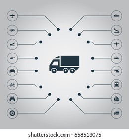 Vector Illustration Set Of Simple Shipment Icons. Elements Aerocab, Jeep, Downgrade And Other Synonyms Aerocab, Train And Jeep.