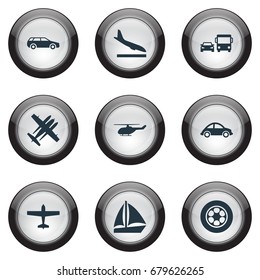 Vector Illustration Set Of Simple Shipment Icons. Elements Transport, Military Fighter, Downgrade And Other Synonyms Yacht, Ship And Jet.