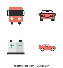 Vector Illustration Set Of Simple Shipping Icons. Elements Coupe, Autobus, Accumulator And Other Synonyms Coupe, Bus And Charge.