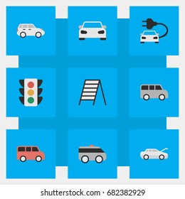 Vector Illustration Set Of Simple Shipping Icons. Elements Stairs, Family, Minibus And Other Synonyms Family, Lighter And Armored.