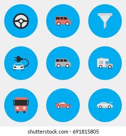 Vector Illustration Set Of Simple Shipping Icons. Elements Steering, Van, Family And Other Synonyms Coupe, Percolator And Delivery.