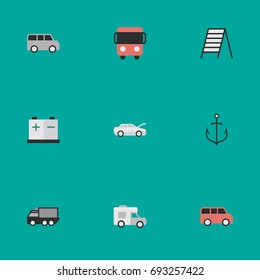 Vector Illustration Set Of Simple Shipping Icons. Elements Van, Minibus, Stairs And Other Synonyms Minibus, Stairway And Caravan.