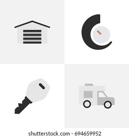 Vector Illustration Set Of Simple Shipping Icons. Elements Van, Shed, Speedometer And Other Synonyms Caravan, Key And Chronometer.