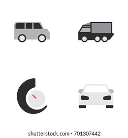 Vector Illustration Set Of Simple Shipping Icons. Elements Lorry, Speedometer, Minibus And Other Synonyms Speedometer, View And Car.
