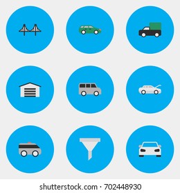 Vector Illustration Set Of Simple Shipping Icons. Elements Sedan, Automobile, Pickup And Other Synonyms Coupe, Jumper And Family.