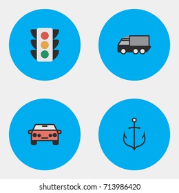 Vector Illustration Set Of Simple Shipping Icons. Elements Traffic Lights, Lorry, Auto And Other Synonyms Lights, Lorry And Sedan.