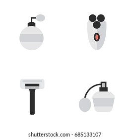 Vector Illustration Set Of Simple Shop Icons. Elements Fragrance, Perfume, Shaver And Other Synonyms Perfume, Razor And Blade.