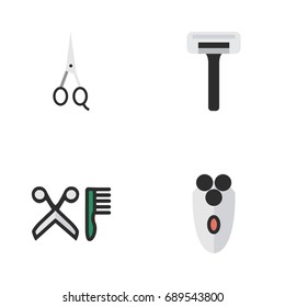 Vector Illustration Set Of Simple Shop Icons. Elements Shaving Machine, Comb, Scissors And Other Synonyms Clippers, Scissors And Shear.