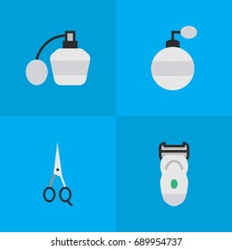 Vector Illustration Set Of Simple Shop Icons. Elements Electronic, Fragrance, Perfume And Other Synonyms Clippers, Electronic And Scissors.