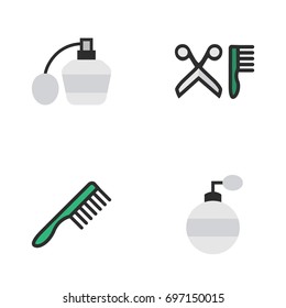 Vector Illustration Set Of Simple Shop Icons. Elements Fragrance, Comb, Perfume And Other Synonyms Hairbrush, Comb And Scissors.