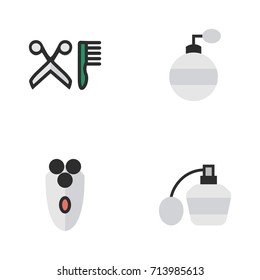 Vector Illustration Set Of Simple Shop Icons. Elements Fragrance, Shaving Machine, Perfume And Other Synonyms Shaving, Scissors And Shaver.